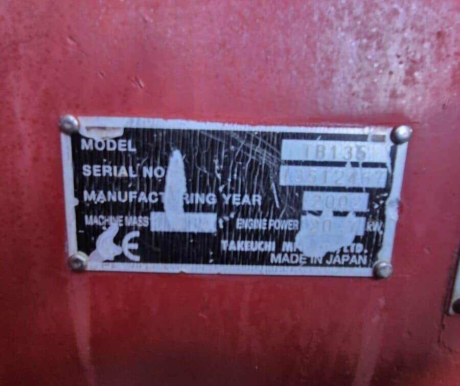 Used 2002 Takeuchi TB135 mini excavator nameplate for sale in Rome, Italy