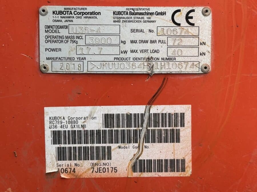 Targhetta identificativa Kubota U36-4 certificazione CE