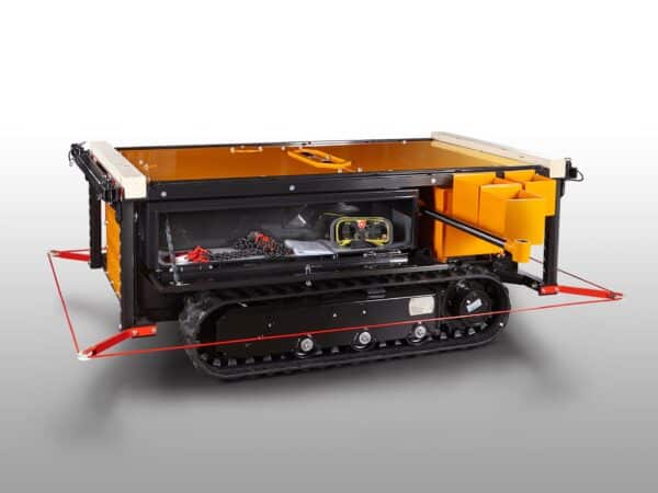 Vista posteriore Turchi carretto portapali cingolato con vano motore